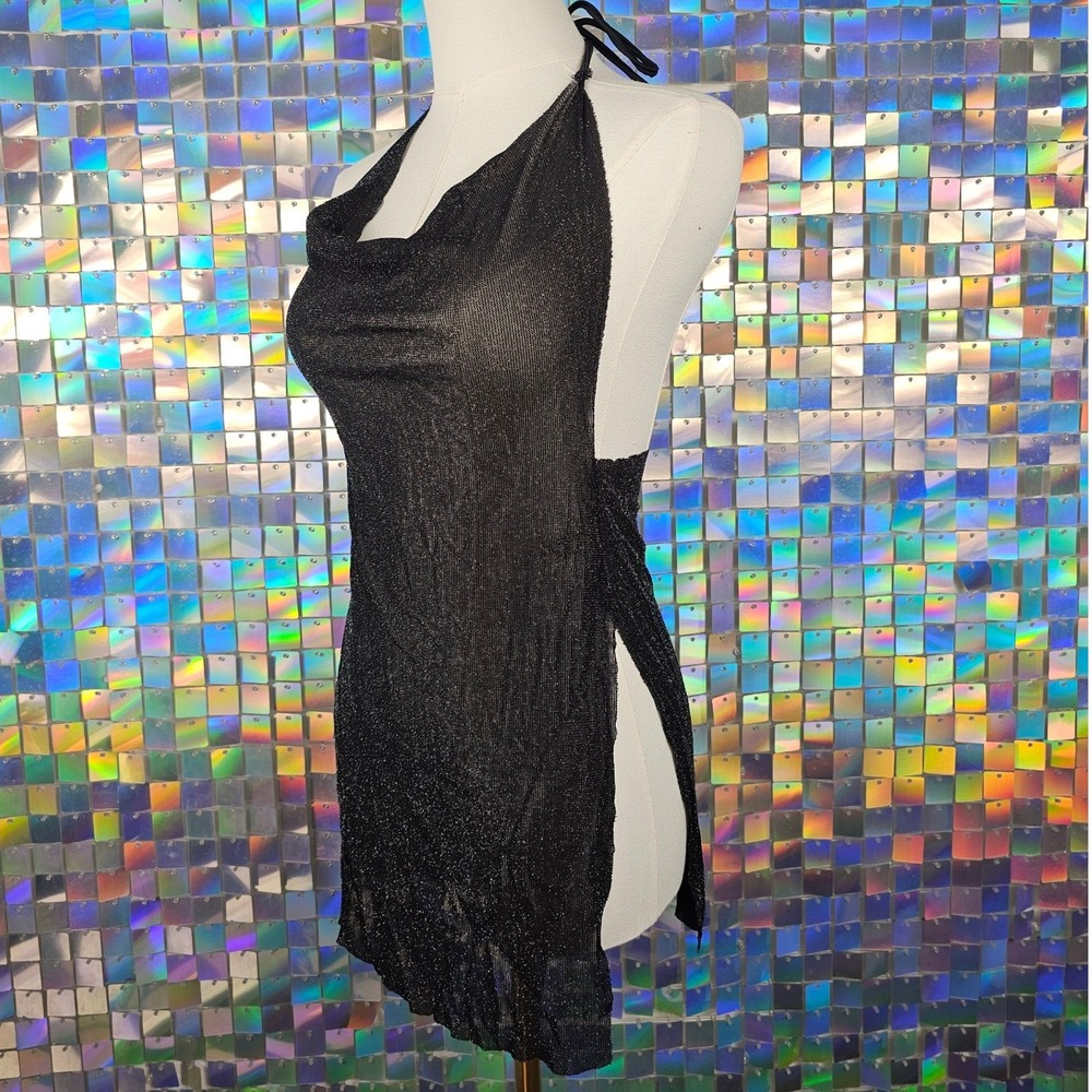 SHEIN SXY Women'S Backless Halter Neck Mesh Dress Shimmer Cowl Neck Rave Swim